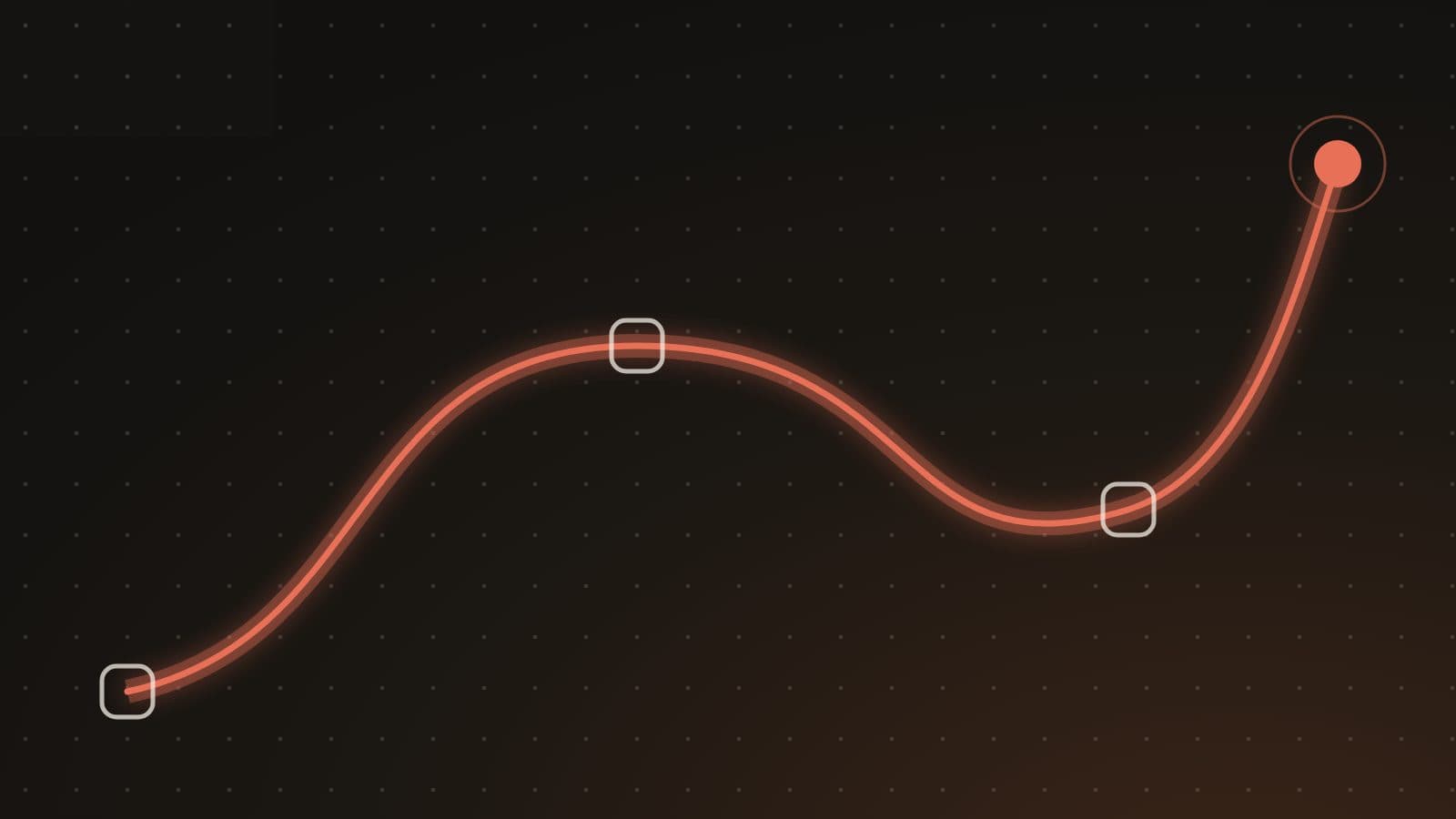 A glowing route line crossing a dark map of dots